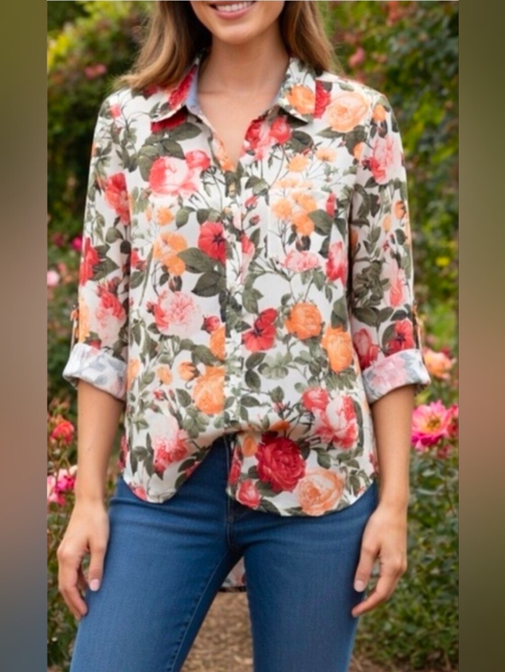 Talbots Floral Button-Down Shirt - White, Pink, Coral & Olive- 10P